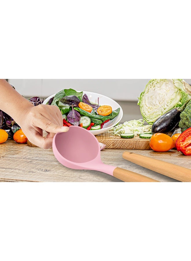Kitchen Cooking Utensils Set, 5 pcs Non-Stick Silicone Cooking Kitchen Utensils Spatula Set, Wooden Handle Silicone Kitchen Gadgets Utensil Set (Pink) - Image 3