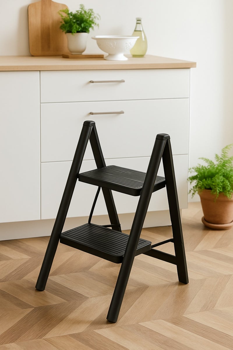 HOMEVEO Folding metal ladder with wide, non-slip steps (2 steps) - safe and sturdy design for easy access to high places.  - Image 1