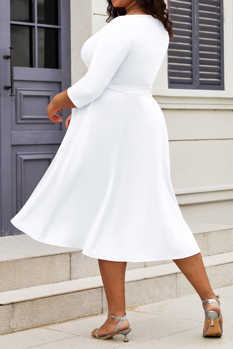 CLOCOR Women's Plus Size Midi Dress 3/4 Sleeve A-Line Swing Dress V Neck Flowy Casual Dresses White 2X-Large - Image 4