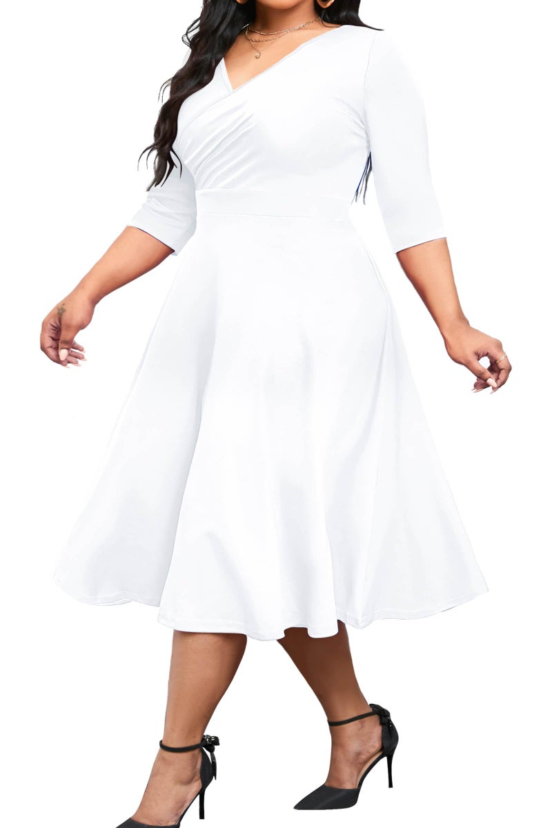 CLOCOR Women's Plus Size Midi Dress 3/4 Sleeve A-Line Swing Dress V Neck Flowy Casual Dresses White 2X-Large - Image 1