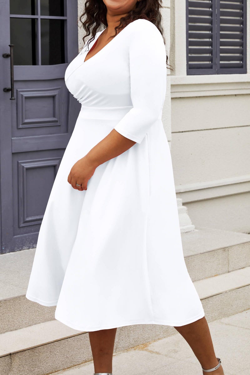 CLOCOR Women's Plus Size Midi Dress 3/4 Sleeve A-Line Swing Dress V Neck Flowy Casual Dresses White 2X-Large - Image 3