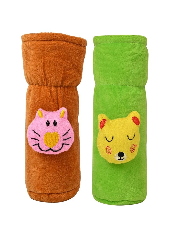 MW PRINTS Stretchable Feeding Bottle Covers, Soft Plush Feeding Cover Tote Bag | Pack of 2, 60-125 ML Baby Milk Feeding Bottle Cover (Brown & Green) - Image 1