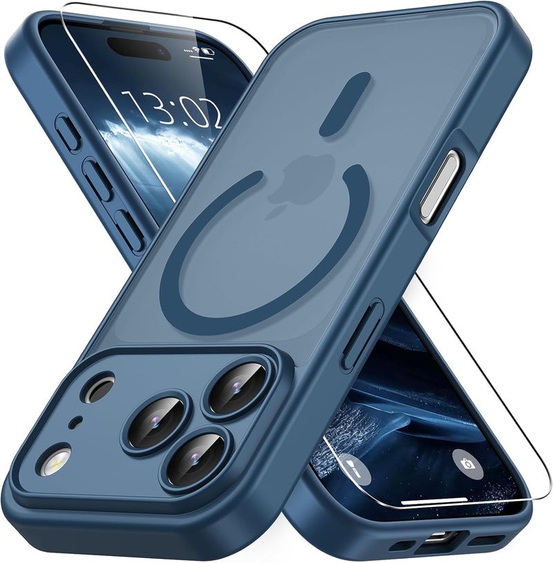 Vansdon Magnetic for iPhone 17 Pro Max Case with 1 Protective Glass, Compatible with Magsafe, Military Standard Drop Protection, Translucent Matte Back, Shockproof Mobile Phone Case, Dark Blue - Image 1