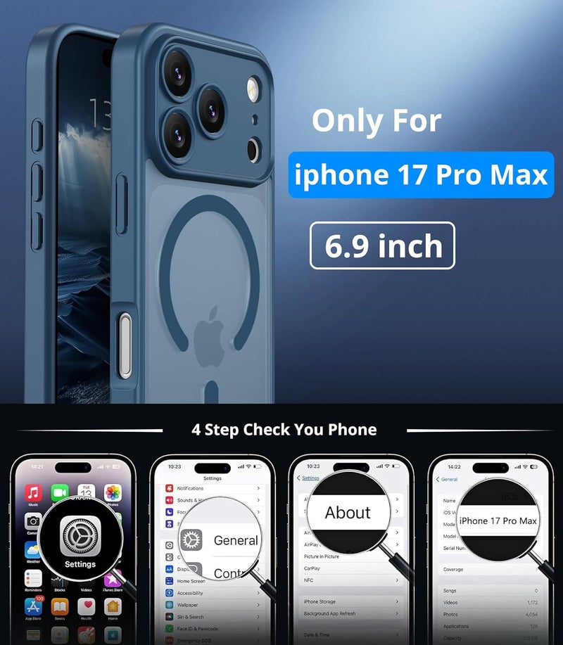 Vansdon Magnetic for iPhone 17 Pro Max Case with 1 Protective Glass, Compatible with Magsafe, Military Standard Drop Protection, Translucent Matte Back, Shockproof Mobile Phone Case, Dark Blue - Image 4