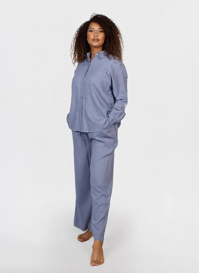 جيمي لي بوند Modest 2 PC Linen Suit of classic button-down shirt and relaxed-fit wide-leg pants