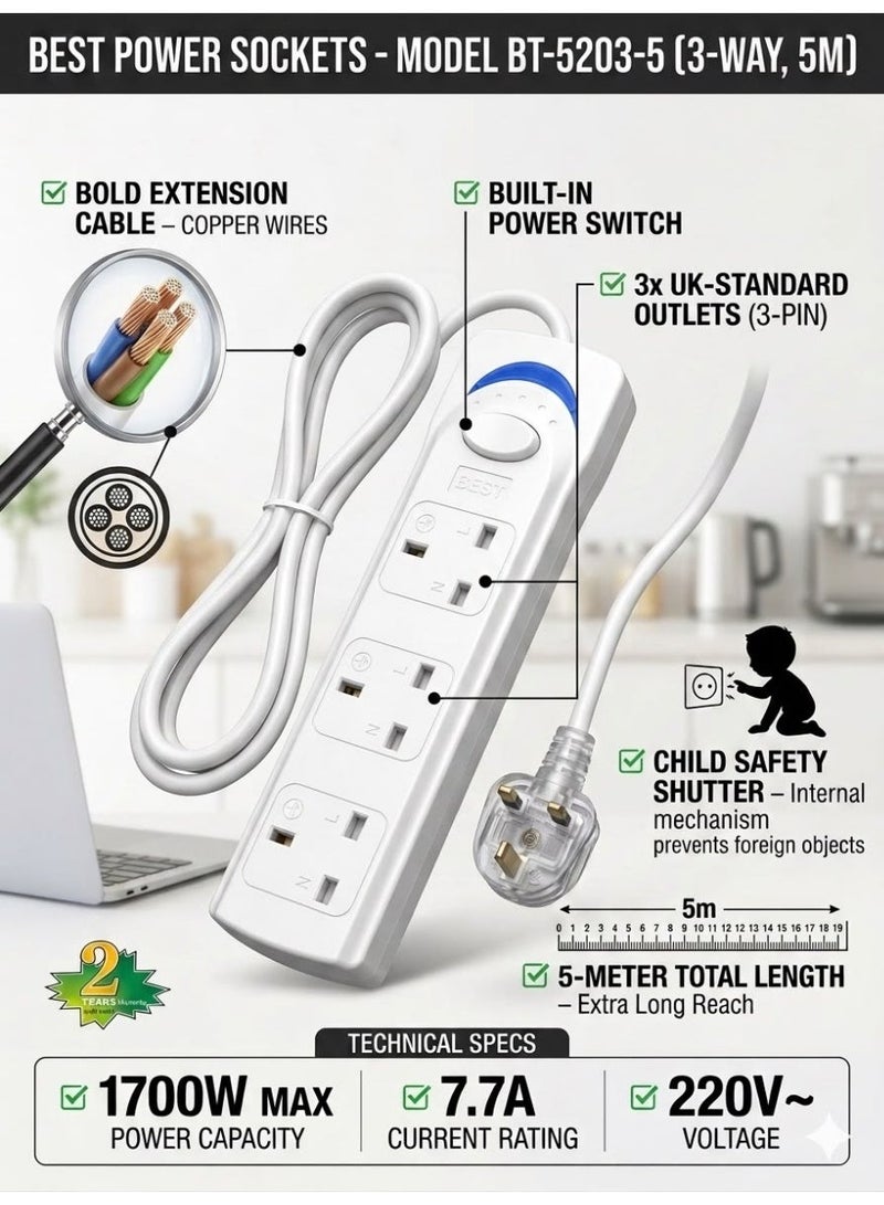 BEST 3 Way Power Strip Extension Cord with Switch 5 Meter Extra Long Pure Copper Cable, Flame-Retardant Universal Socket Multi-Plug for Home & Office (1700W) - Image 3