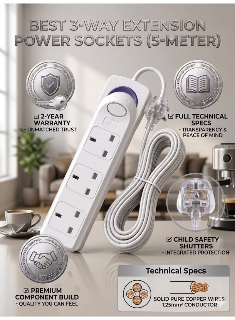 BEST 3 Way Power Strip Extension Cord with Switch 5 Meter Extra Long Pure Copper Cable, Flame-Retardant Universal Socket Multi-Plug for Home & Office (1700W) - Image 1