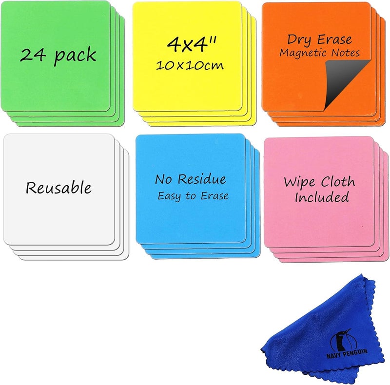 Magy Store Dry Erase Magnets Set - 24 Pack - 4x4" Whiteboard Magnetic Planning Pads Labels - Small White Board Magnet Strips Name Tags for Home, Office and Classroom