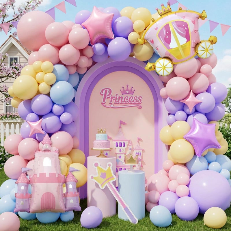 AobkDeco Princess Balloon Garland Arch Kit 152Pcs Pink Purple Blue Yellow Balloons with Castle Carriage Star Foil Balloons for Girls Baby Shower Princess Birthday Fairytales Party Decortion - Image 3