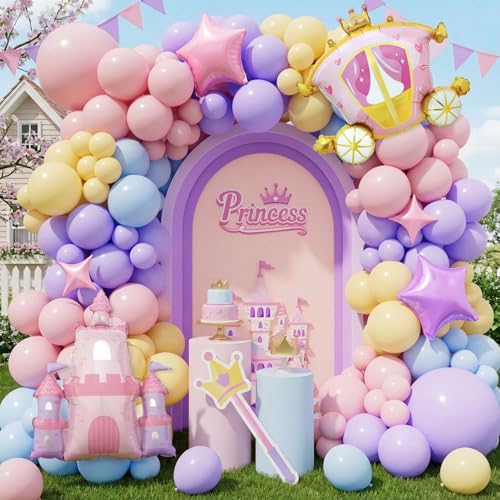 AobkDeco Princess Balloon Garland Arch Kit 152Pcs Pink Purple Blue Yellow Balloons with Castle Carriage Star Foil Balloons for Girls Baby Shower Princess Birthday Fairytales Party Decortion - Image 1