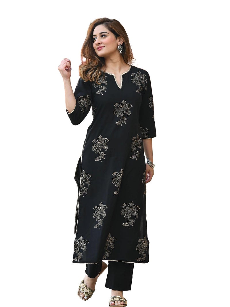 Arayna Women's Rayon Gold Printed Black Regular Fit Kurta Set With Ethnic Palazzo Pants, Xx-Large - Image 1