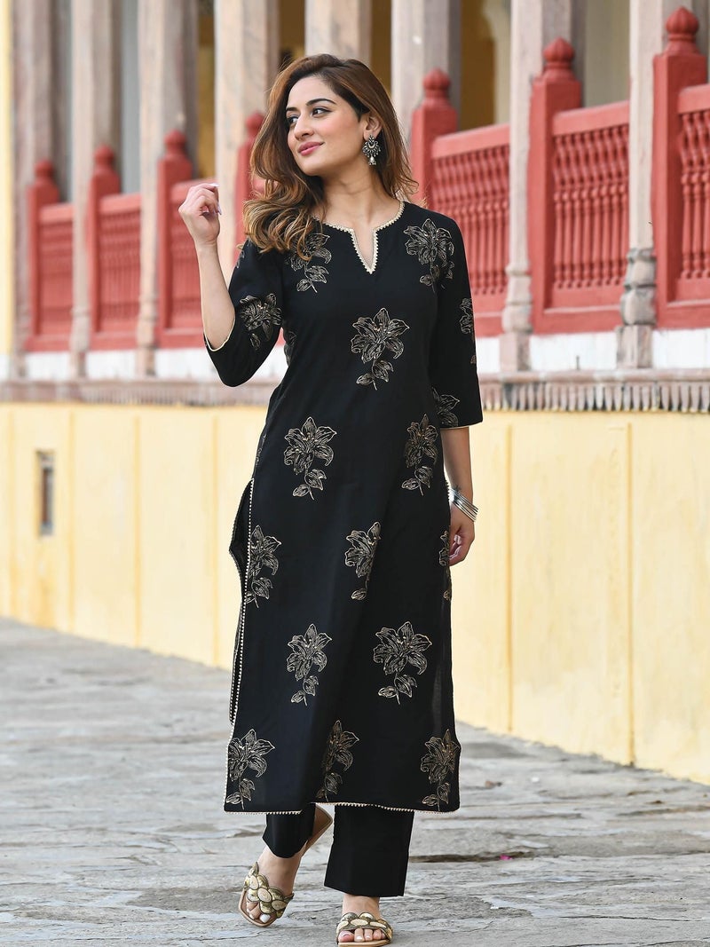 Arayna Women's Rayon Gold Printed Black Regular Fit Kurta Set With Ethnic Palazzo Pants, Xx-Large - Image 2