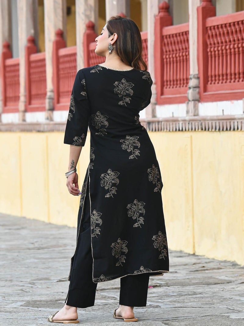 Arayna Women's Rayon Gold Printed Black Regular Fit Kurta Set With Ethnic Palazzo Pants, Xx-Large - Image 5