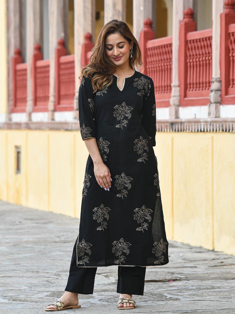 Arayna Women's Rayon Gold Printed Black Regular Fit Kurta Set With Ethnic Palazzo Pants, Xx-Large - Image 3