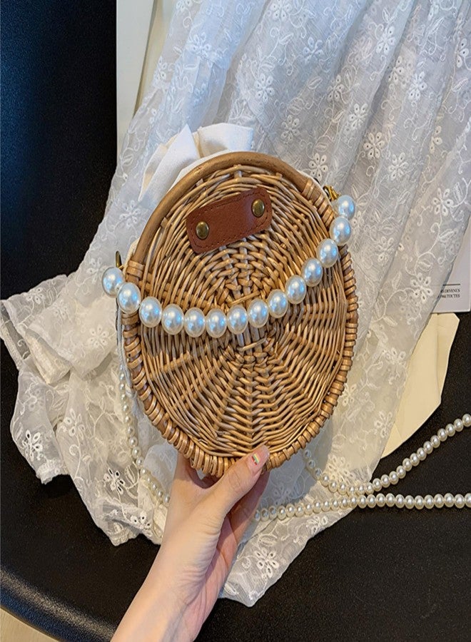 Eorbow Round Rattan Bag, 8" Hand-woven Wicker Basket Purse, Boho Crossbody Handbag With Pearl Strap Handle, Retro Summer Beach Straw Tote Clutch for Women - Image 5