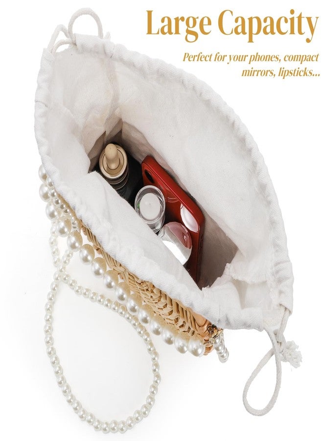 Eorbow Round Rattan Bag, 8" Hand-woven Wicker Basket Purse, Boho Crossbody Handbag With Pearl Strap Handle, Retro Summer Beach Straw Tote Clutch for Women - Image 3