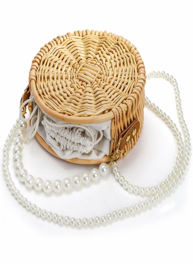 Eorbow Round Rattan Bag, 8" Hand-woven Wicker Basket Purse, Boho Crossbody Handbag With Pearl Strap Handle, Retro Summer Beach Straw Tote Clutch for Women - Image 4