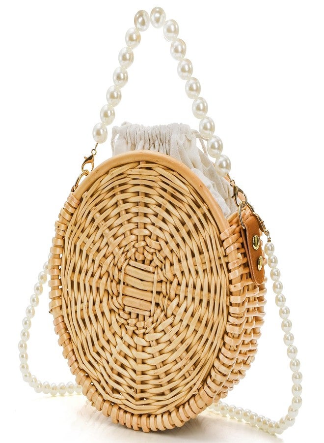 Eorbow Round Rattan Bag, 8" Hand-woven Wicker Basket Purse, Boho Crossbody Handbag With Pearl Strap Handle, Retro Summer Beach Straw Tote Clutch for Women - Image 1
