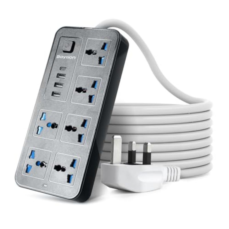 سلك تمديد كهربائي شامل بمخارج بثلاث دبابيس، تمديد بمسارات ستة، وثلاثة مخارج USB، ومنفذ واحد Type-C، بطول 1.88 متر، كابلات طاقة موسعة للاستخدام المنزلي، المطبخ، والمكتب، باللون الأسود - Image 1