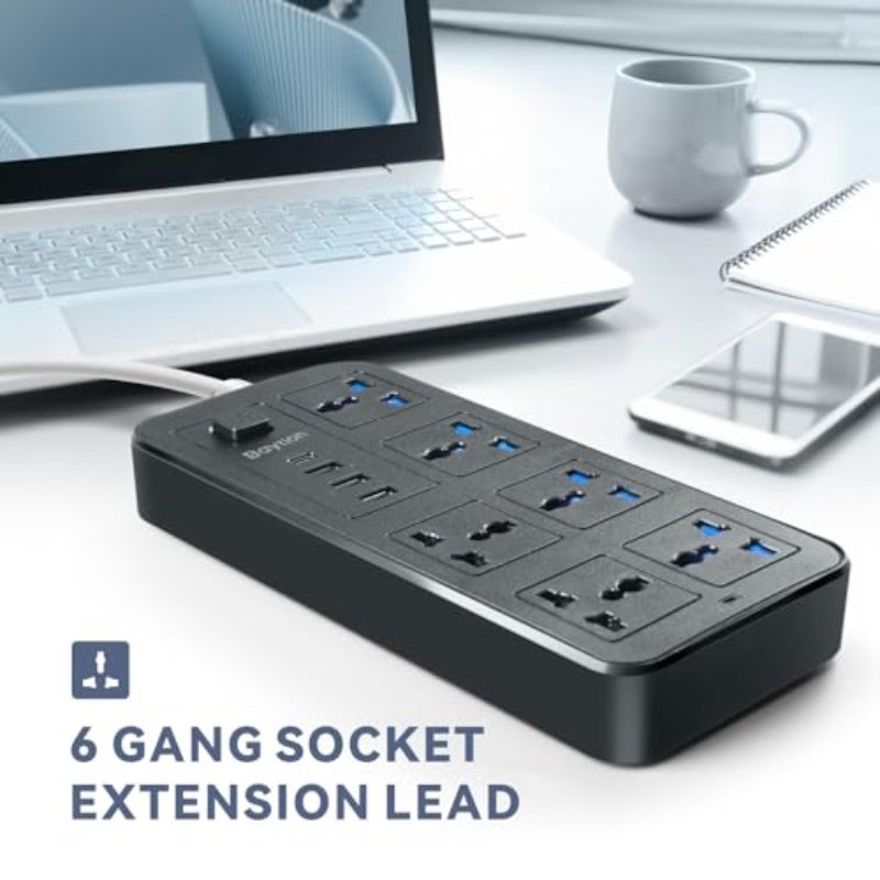 سلك تمديد كهربائي شامل بمخارج بثلاث دبابيس، تمديد بمسارات ستة، وثلاثة مخارج USB، ومنفذ واحد Type-C، بطول 1.88 متر، كابلات طاقة موسعة للاستخدام المنزلي، المطبخ، والمكتب، باللون الأسود - Image 5