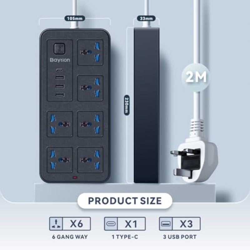 سلك تمديد كهربائي شامل بمخارج بثلاث دبابيس، تمديد بمسارات ستة، وثلاثة مخارج USB، ومنفذ واحد Type-C، بطول 1.88 متر، كابلات طاقة موسعة للاستخدام المنزلي، المطبخ، والمكتب، باللون الأسود - Image 2