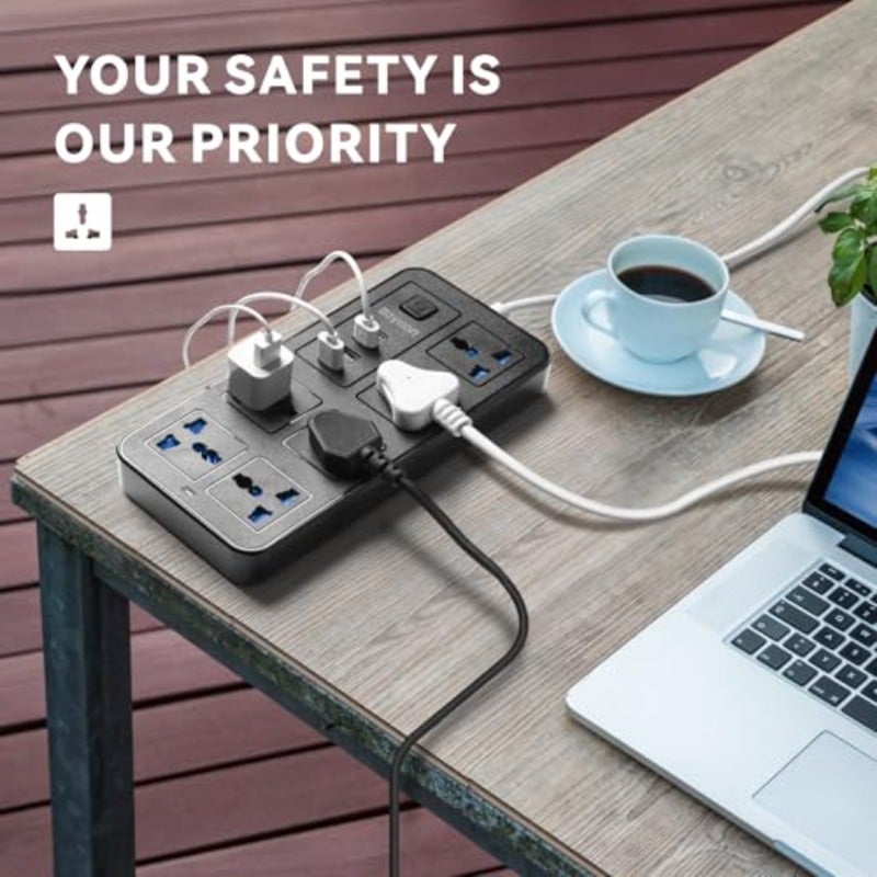 سلك تمديد كهربائي شامل بمخارج بثلاث دبابيس، تمديد بمسارات ستة، وثلاثة مخارج USB، ومنفذ واحد Type-C، بطول 1.88 متر، كابلات طاقة موسعة للاستخدام المنزلي، المطبخ، والمكتب، باللون الأسود - Image 4