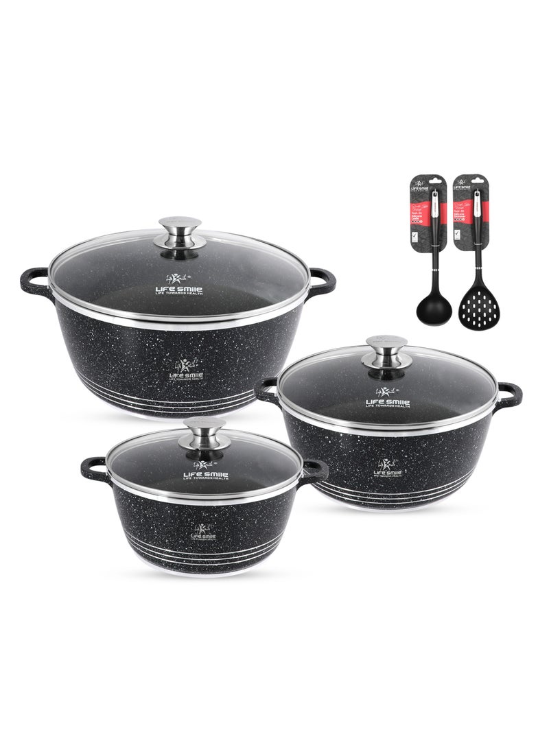 Life Smile Nonstick Cookware Set 8 pcs Cookwares with Stainless steel rim-Oven safe Pots and Pans set-Granite Coating Cooking Pots set Includes 24cmx4.1L Casserole with Lid, 28cmx6.7LCasserole with Lid, , 32cmx9.5L Casserole with Lid & 2pcs Silicone Utensils Contains 32x8.5cm Soup ladle & 34.5x10cm Skimmer  - Image 1