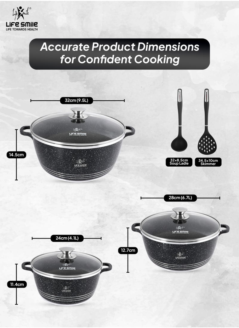 Life Smile Nonstick Cookware Set 8 pcs Cookwares with Stainless steel rim-Oven safe Pots and Pans set-Granite Coating Cooking Pots set Includes 24cmx4.1L Casserole with Lid, 28cmx6.7LCasserole with Lid, , 32cmx9.5L Casserole with Lid & 2pcs Silicone Utensils Contains 32x8.5cm Soup ladle & 34.5x10cm Skimmer  - Image 3