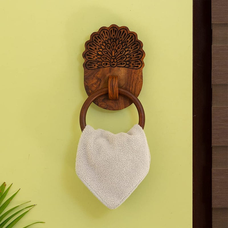 ExclusiveLane 'The Dancing Peacock' Hand Carved Wooden Towel Holder for Kitchen in Sheesham Wood - Hand Towel Stand Hand Towel Holder for Bathroom Wall Mounted Towel Hangers for Bedroom Wash Basin - Image 1
