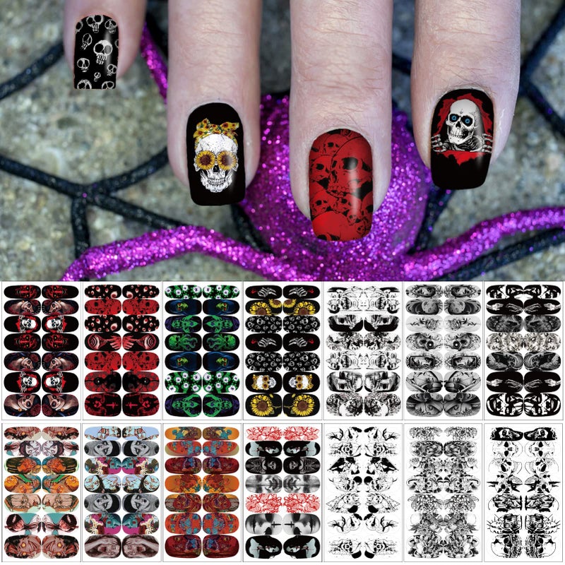 14 Sheets Halloween Nail Wraps Full Stickers Gothic Nail Polish Strips DIY SelfAdhesive Nail Art Decals Ghost Skull Demon Pattern with 2 Piece Nail Files for Party Decor 196 Pieces