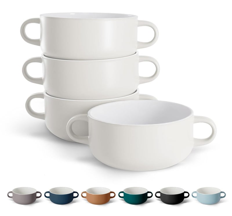 Kook Soup Crocks Ceramic Bowls Broil Oven Microwave and Dishwasher Safe with Handles For Casserole Pasta Cereal 18 oz Set of 4 Coconut White