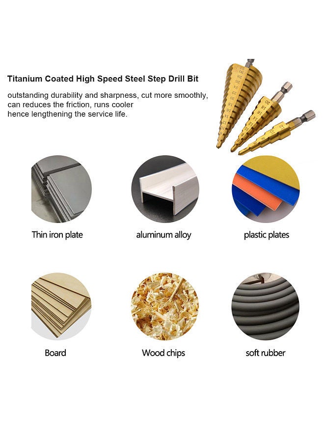 3pcs HSS Step Drill Bit Set 4-32mm 4-20mm 4-12mm Straight Groove Step Drill Bit Titanium Coated Wood Metal Hole Cutter Core Drill Bit Set Metric  - Image 5