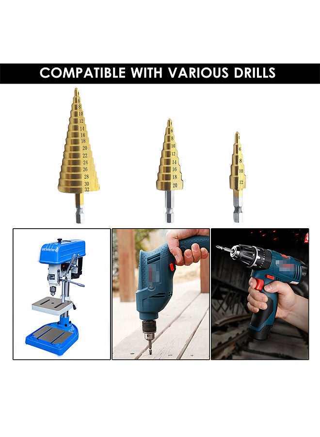 3pcs HSS Step Drill Bit Set 4-32mm 4-20mm 4-12mm Straight Groove Step Drill Bit Titanium Coated Wood Metal Hole Cutter Core Drill Bit Set Metric  - Image 4