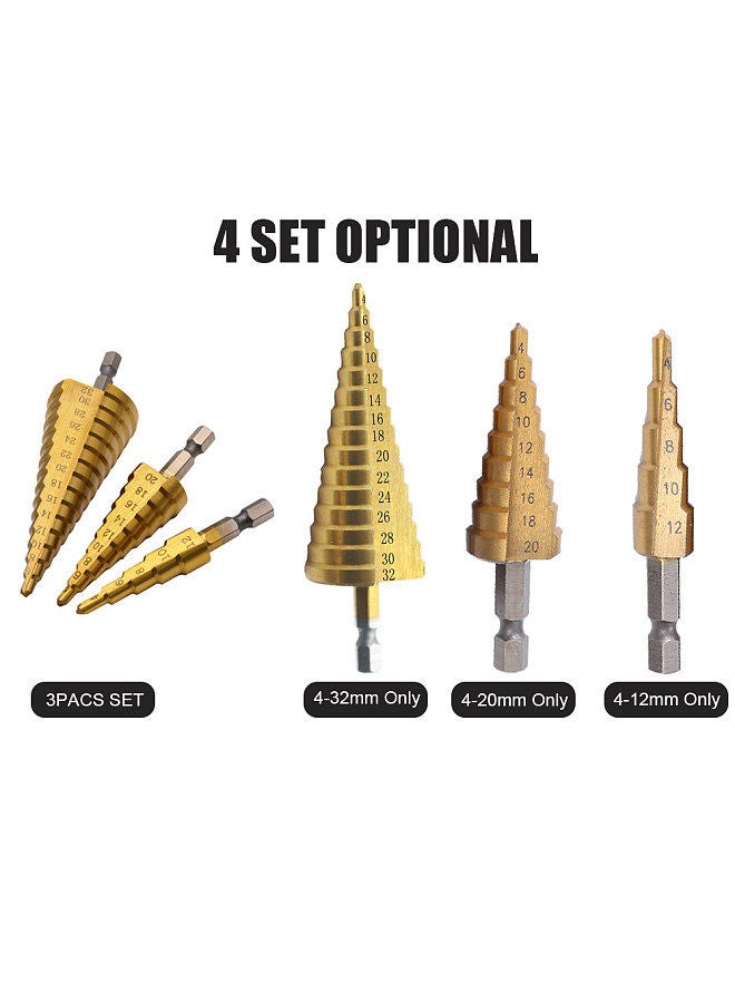 3pcs HSS Step Drill Bit Set 4-32mm 4-20mm 4-12mm Straight Groove Step Drill Bit Titanium Coated Wood Metal Hole Cutter Core Drill Bit Set Metric  - Image 2