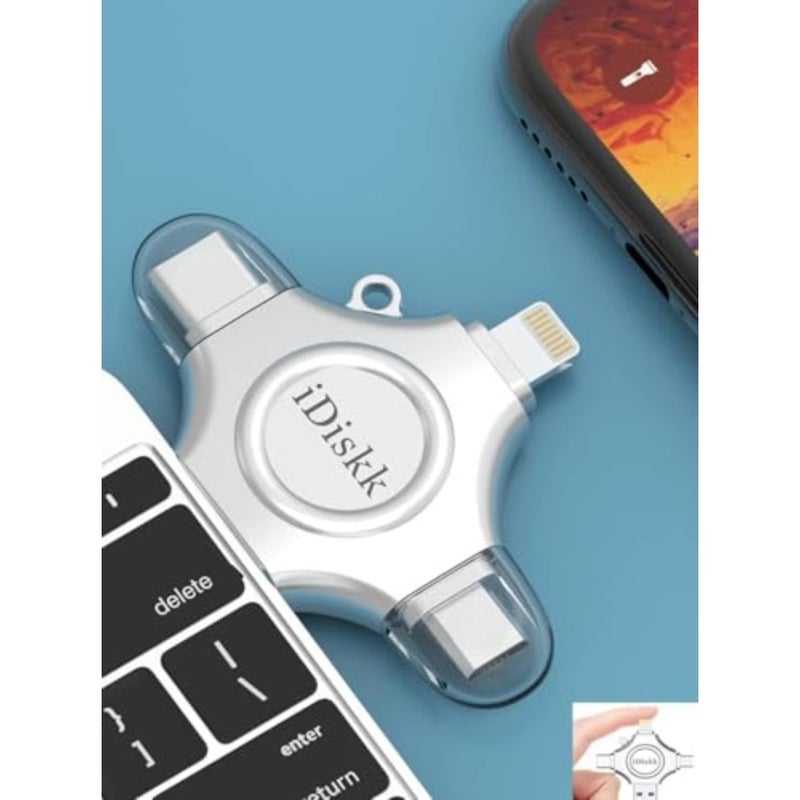 iDiskk MFi Certified] 4in1 128GB Flash Drive for iPhone16/15 iPad Lightning Drive Multi Functional Memory External Storage for iOS and Android Samsung Phones Type c Devices and MacBook PC Autobackup Lightning/USB-C/USB-A/Micro USB Flash Drive, Memory drive to Auto Backup Videos Files for iPhone17/16/15/14/13/12/Android/PC - Image 4