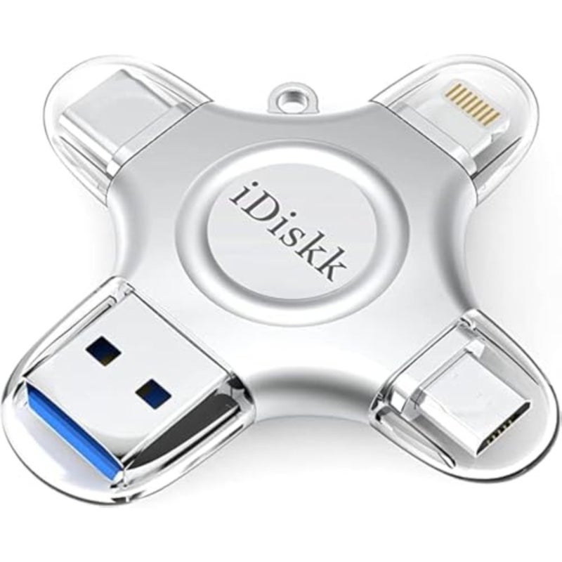 iDiskk MFi Certified] 4in1 128GB Flash Drive for iPhone16/15 iPad Lightning Drive Multi Functional Memory External Storage for iOS and Android Samsung Phones Type c Devices and MacBook PC Autobackup Lightning/USB-C/USB-A/Micro USB Flash Drive, Memory drive to Auto Backup Videos Files for iPhone17/16/15/14/13/12/Android/PC - Image 1
