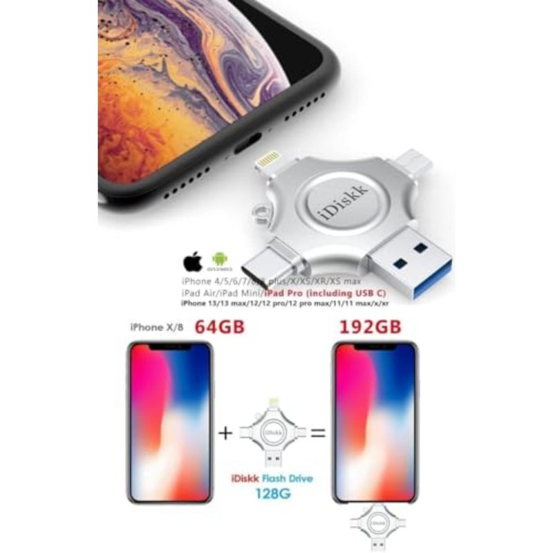 iDiskk MFi Certified] 4in1 128GB Flash Drive for iPhone16/15 iPad Lightning Drive Multi Functional Memory External Storage for iOS and Android Samsung Phones Type c Devices and MacBook PC Autobackup Lightning/USB-C/USB-A/Micro USB Flash Drive, Memory drive to Auto Backup Videos Files for iPhone17/16/15/14/13/12/Android/PC - Image 2