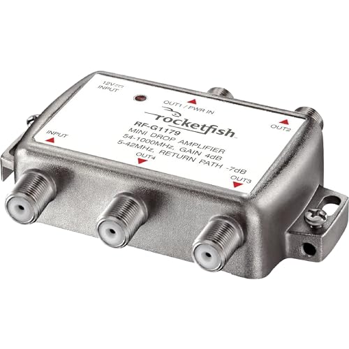 Rocketfish مضخم إشارة روكيتفيش 4 مخرج - مضخم اتصال كوكسيل لتلفزيون الكابل والمودم - مضخم هوائي مع مؤشر تشغيل LED ونطاق تردد ثنائي الاتجاه - المضخم يمنع فقدان الإشارة - Image 1