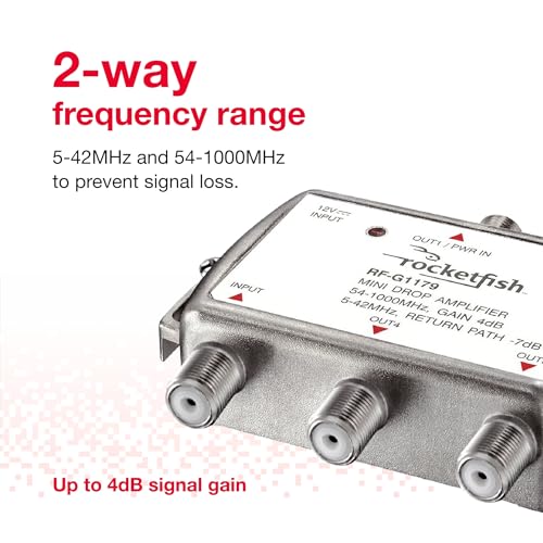 Rocketfish مضخم إشارة روكيتفيش 4 مخرج - مضخم اتصال كوكسيل لتلفزيون الكابل والمودم - مضخم هوائي مع مؤشر تشغيل LED ونطاق تردد ثنائي الاتجاه - المضخم يمنع فقدان الإشارة - Image 4
