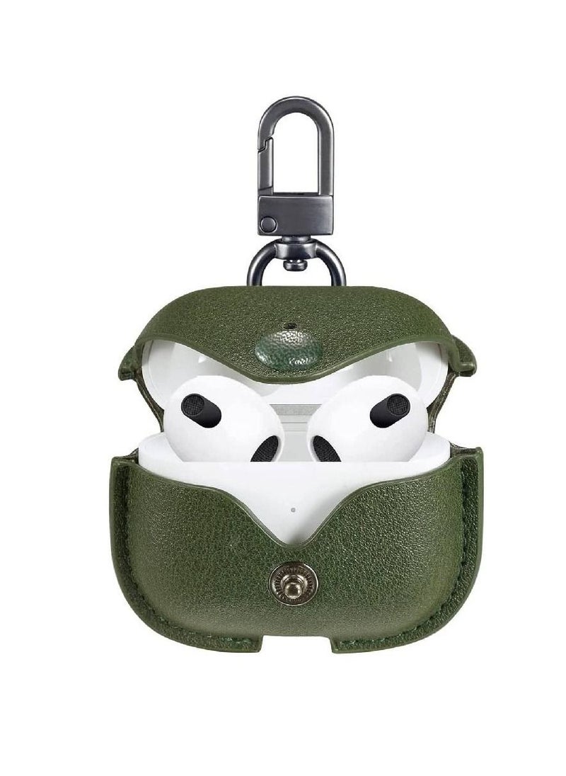 Generic - AirPods 3rd Generation Case (2021), Leather Protective Case Skin Cover with Keychain and Lock for Apple Airpods 3 Case Women Men Army Green - Image 1