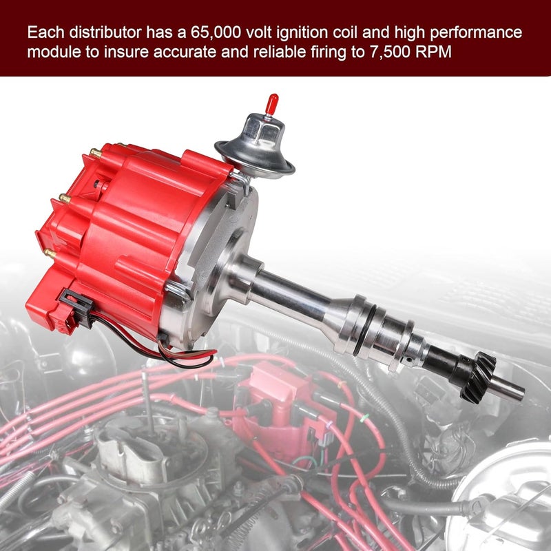 JDMSPEED HEI Distributor Module Replacement For Ford 351M 351C 400 429 460 65,000 KV Coil 7500 RPM Ignition Distributor with Cap and Rotor Replace 1046013, PE332U, JM6506BL Red - Image 3