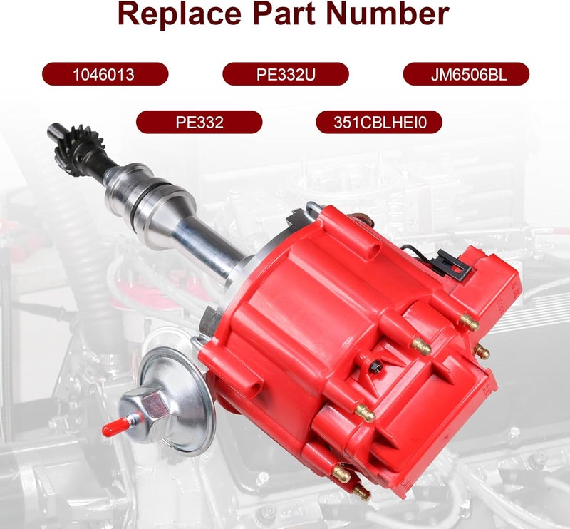 JDMSPEED HEI Distributor Module Replacement For Ford 351M 351C 400 429 460 65,000 KV Coil 7500 RPM Ignition Distributor with Cap and Rotor Replace 1046013, PE332U, JM6506BL Red - Image 4