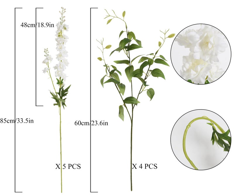 IPOPU White Flowers Artificial Delphinium 9PCS with Clematis Greenery for Wedding & Home Decor - Image 2