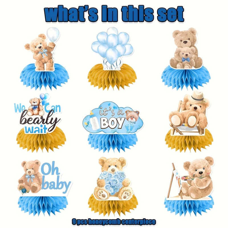 Blue Teddy Bear Party Decor 9pc Shower Centerpiece Gender Reveal Supplies Little Bear Gift - Image 3