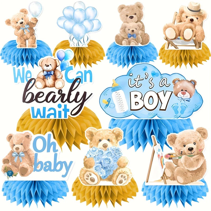 Blue Teddy Bear Party Decor 9pc Shower Centerpiece Gender Reveal Supplies Little Bear Gift - Image 1