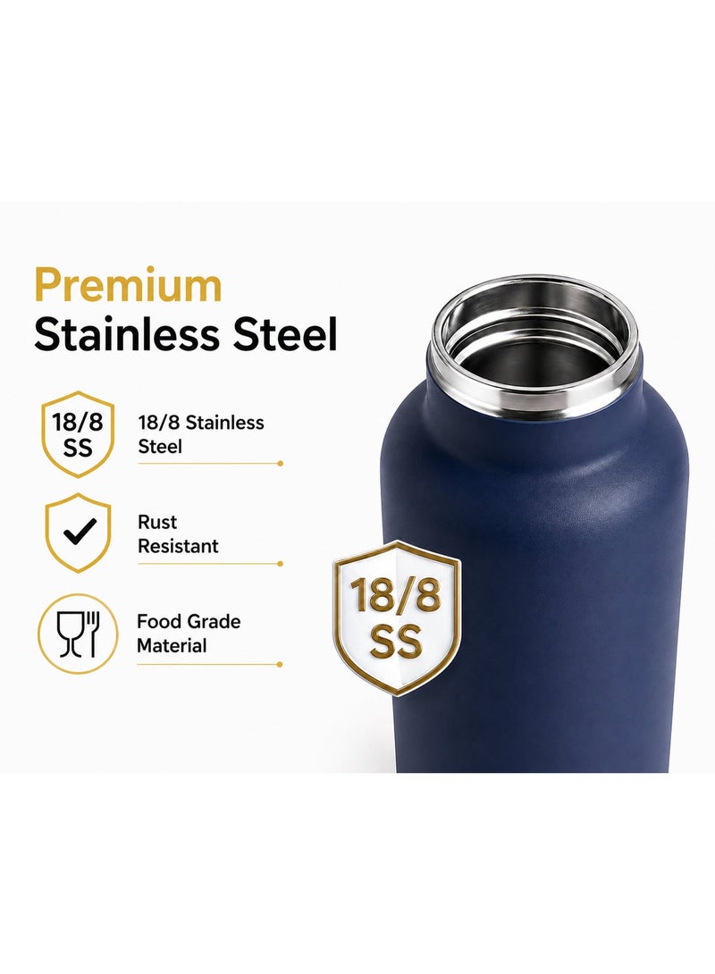 Hamzone Sports Water Bottle, Insulated Stainless Steel Thermal Water Bottle with Straw Lid, Leak Proof Double Wall Thermos for Hot and Cold Drinks, Wide Mouth, 500ml, Ideal for Gym, Office, School, Camping, Water-Bottle-Indigo-Blue/Blackish - Image 3