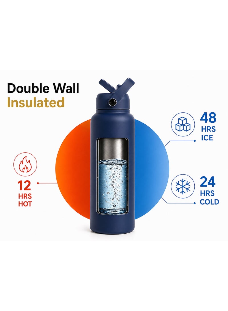 Hamzone Sports Water Bottle, Insulated Stainless Steel Thermal Water Bottle with Straw Lid, Leak Proof Double Wall Thermos for Hot and Cold Drinks, Wide Mouth, 500ml, Ideal for Gym, Office, School, Camping, Water-Bottle-Indigo-Blue/Blackish - Image 2