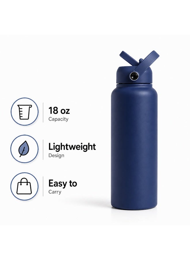 Hamzone Sports Water Bottle, Insulated Stainless Steel Thermal Water Bottle with Straw Lid, Leak Proof Double Wall Thermos for Hot and Cold Drinks, Wide Mouth, 500ml, Ideal for Gym, Office, School, Camping, Water-Bottle-Indigo-Blue/Blackish - Image 1
