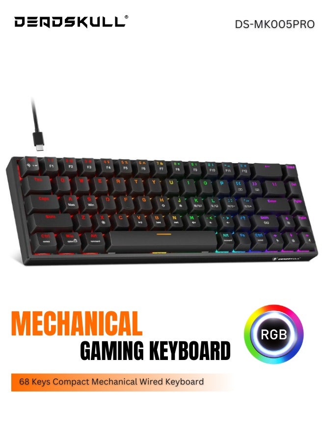 دايد سكل لوحة مفاتيح ميكانيكية 68 مفتاح للألعاب بإضاءة خلفية RGB وحواف رفيعة ومنفذ USB-C سلكي متقدمة مضادة للتداخل بتخطيط إنجليزي وعربي متوافقة مع Windows وMAC OS وLinux للاستخدام اليومي والألعاب والكمبيوتر الشخصي - Image 1
