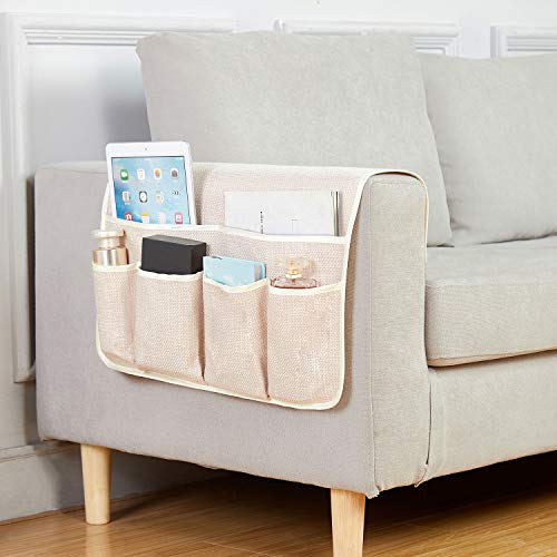 FLYILY Sofa Armrest Organizer Non-Slip Arm Chair Hanging Caddy Remote Control Holder for Magazine, Phone, Books, Glasses(Beige,19in) - Image 2